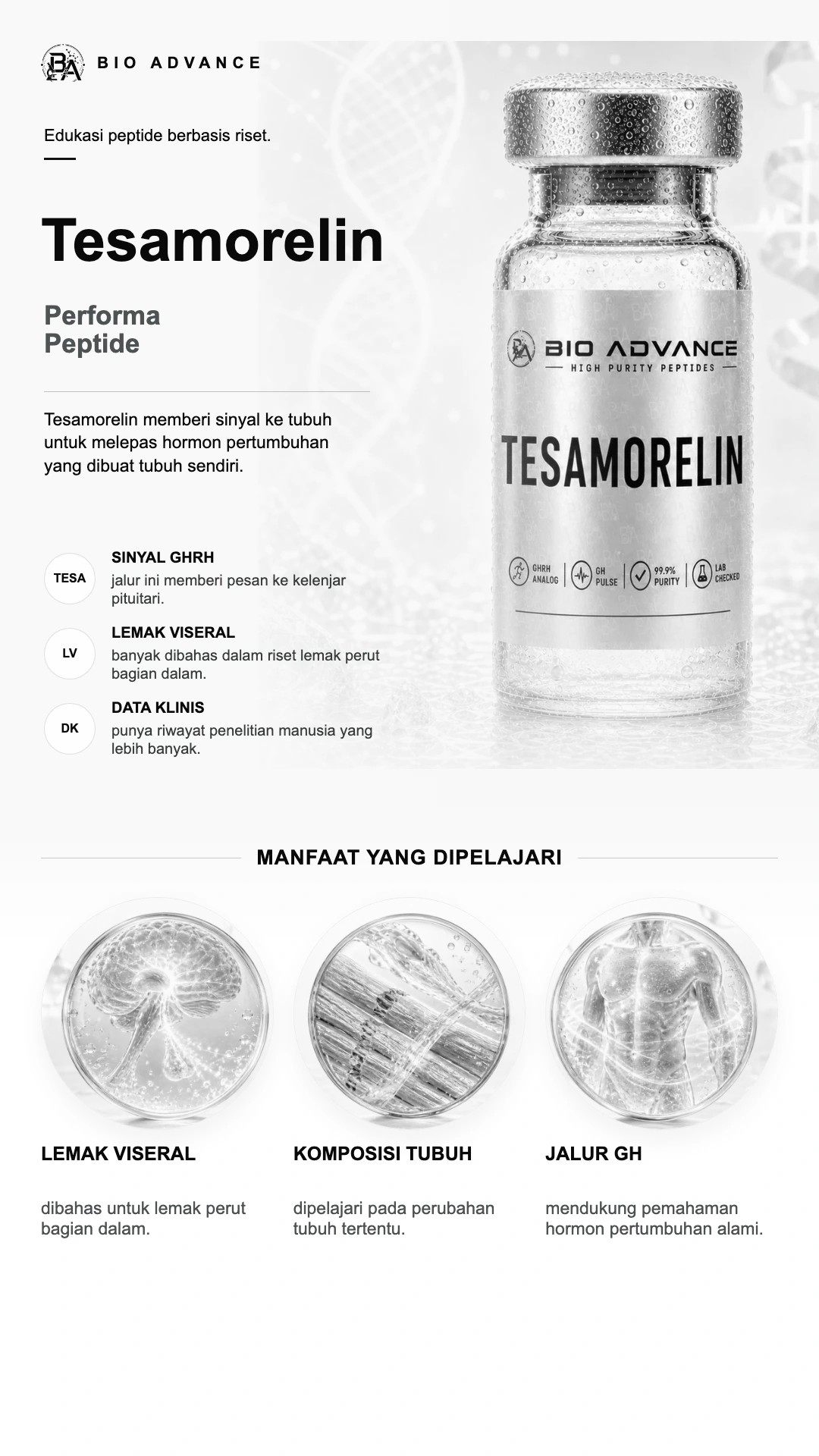 Poster edukasi Tesamorelin, ringkasan cara kerja dan konteks risetnya